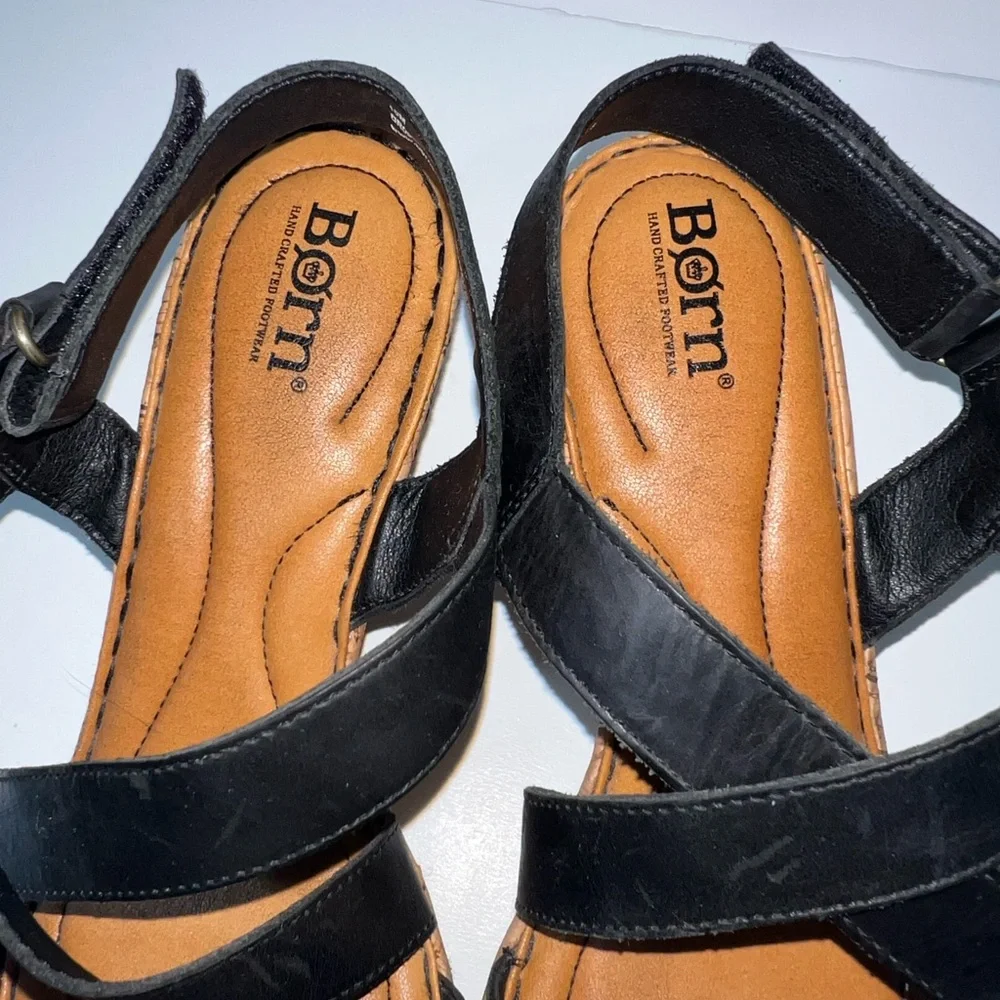 Born Women's‎ Leather Straps Cork Platform Sandal Wedge Black, Size 10